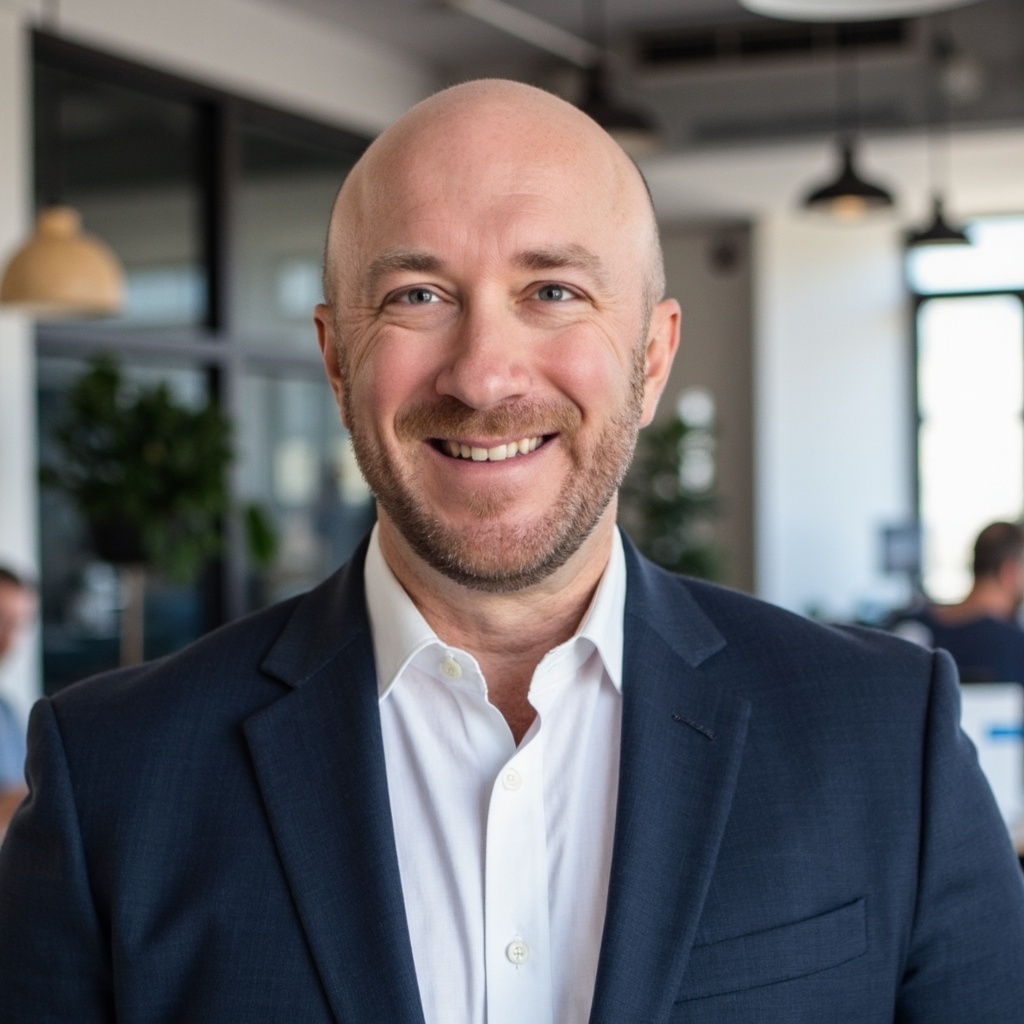 Brian Cross in a navy jacket and white shirt in an office