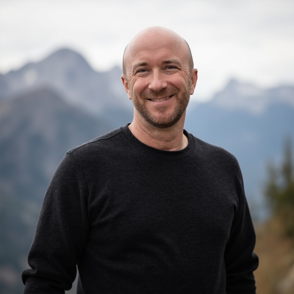 Brian Cross smiling in a black crewneck, with mountains behind him