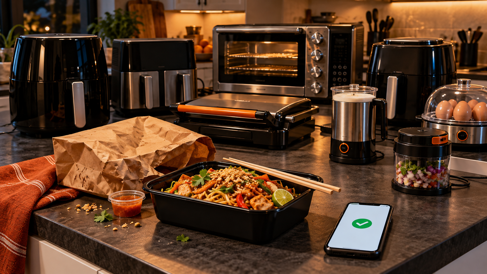 Thai takeout and chopsticks in front of a kitchen counter crowded with air fryers, a panini press, an egg cooker, a milk frother and a countertop oven.